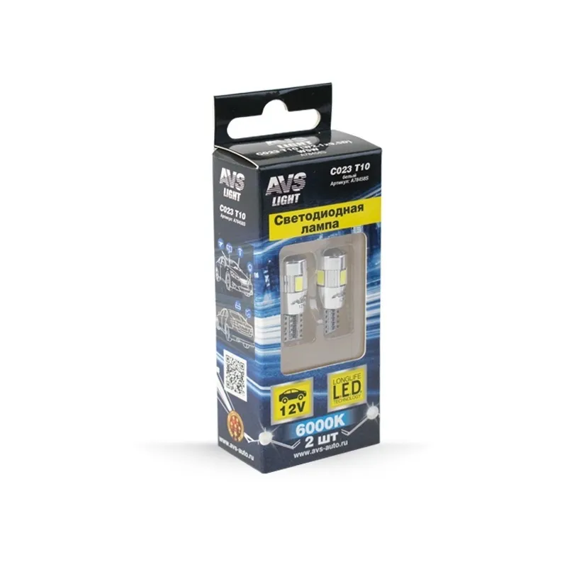 AVS светодиод.лампа 12v T10 C023 WHITE к-т 2 шт цоколь T10
